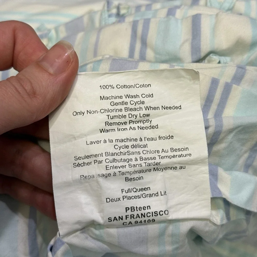 PBteen Full Queen Duvet Cover Blue Purple‎ White Striped Ruffle 100% Cotton